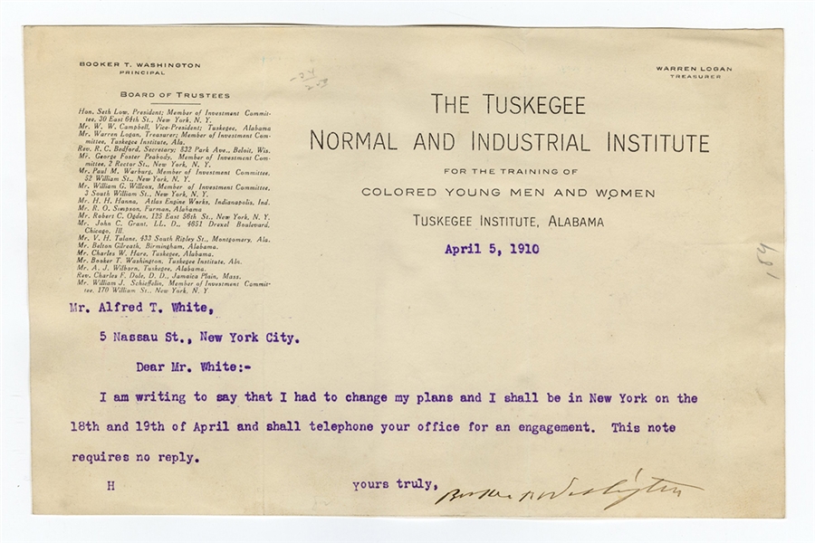 Booker T. Washington Signed Tuskegee Letter 1910 JSA