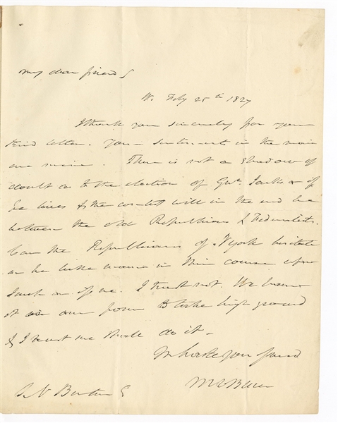 Martin Van Buren Handwritten Signed Letter 1827 JSA