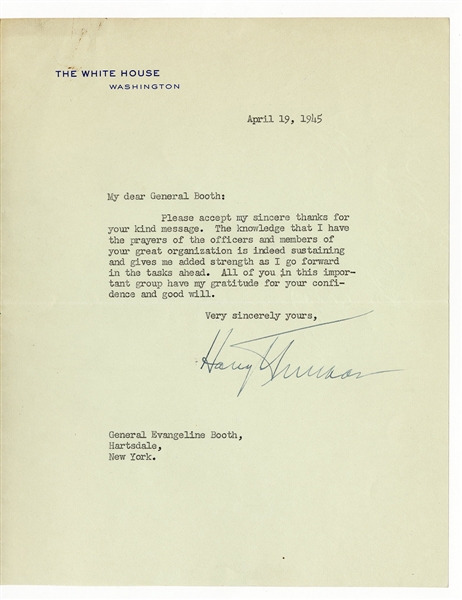 President Harry Truman Signed White House Letter (Gen. Booth Salvation Army) JSA