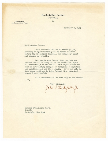 John D. Rockefeller Jr Signed Letter 1945 JSA