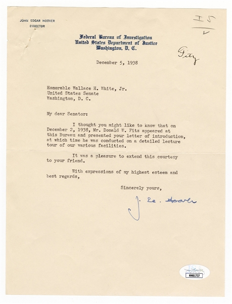 J. Edgar Hoover Signed FBI Letter 1938 JSA