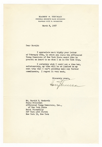 Harry Truman Signed Letter 1957 JSA
