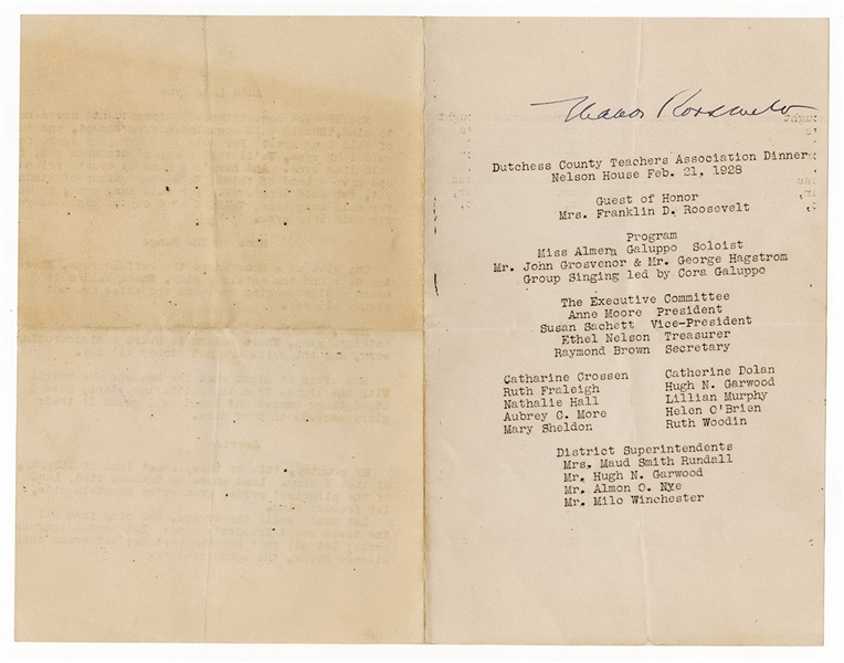 Eleanor Roosevelt Signed Dinner Program 1928 JSA