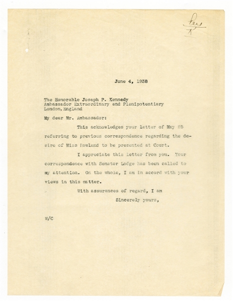Joseph P. Kennedy Signed Letter as U.S. Ambassador 1938 JSA