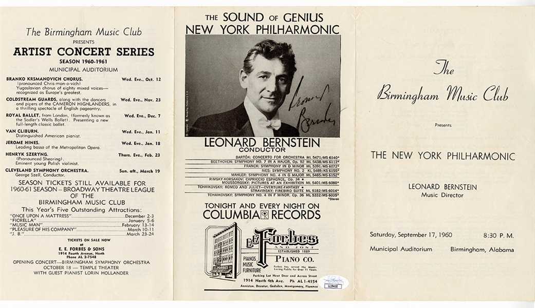 Leonard Bernstein Signed Concert Series Flyer 1960 JSA