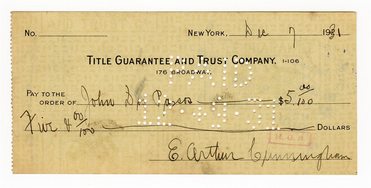 Famed Novelist John Dos Passos Signed Check "U.S.A. Trilogy"