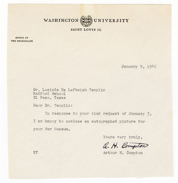 Arthur H. Compton Signed Letter (1927 Nobel Prize in Physics)