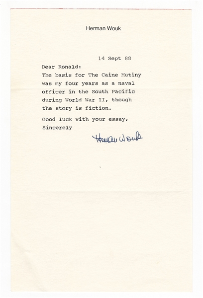 Herman Wouk Signed Letter (The Caine Mutiny - Pulitzer Prize)