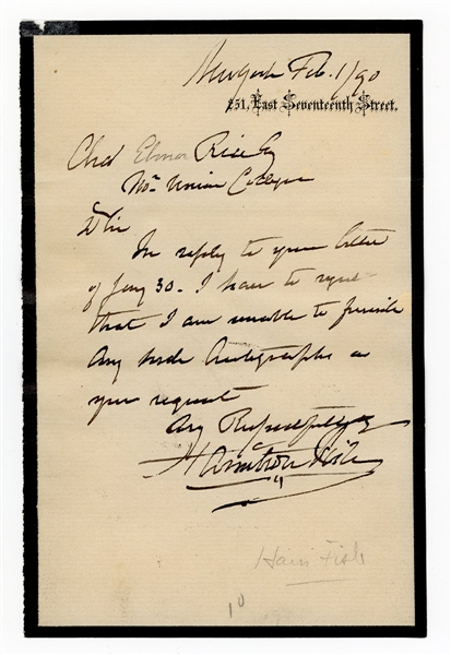 Hamilton Fish Handwritten Letter (1890) (Former NY Governor 1851-1857, US Secretary of State 1869-1877)