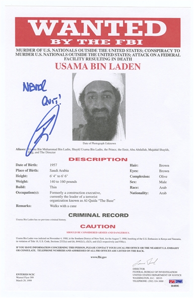 U.S. Navy Seal Robert J. O’Neill Signed FBI Bin Laden Wanted Document PSA/DNA