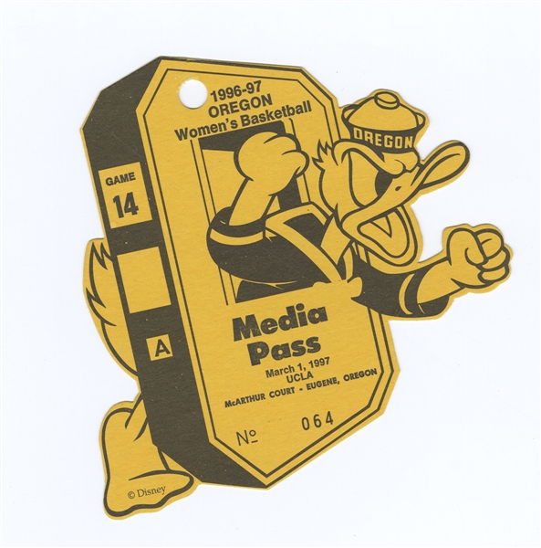 1996-97 Oregon Womens Basketball Cardboard "Donald Duck" Media Pass