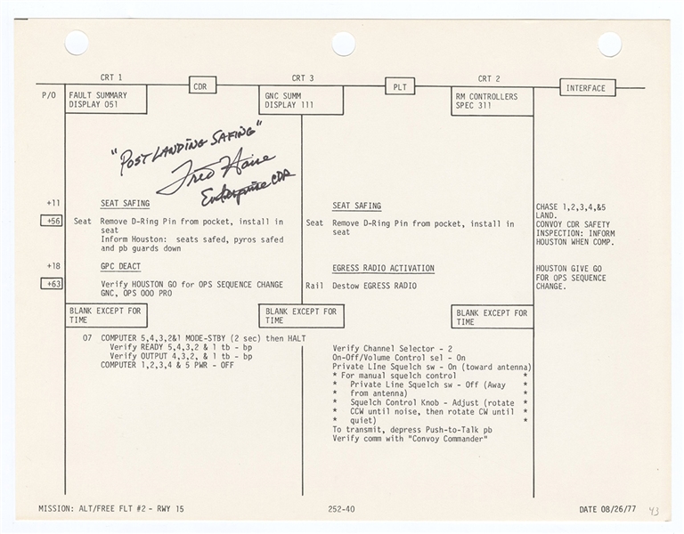 Astronaut Fred Haise Signed & Inscribed Space Shuttle ALT Integrated Flight Checklist Page