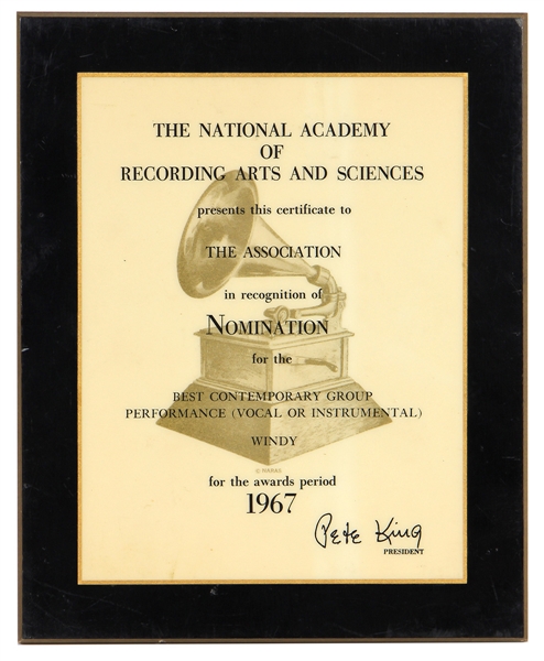 Original 1967 NARAS Grammy Award Nomination Plaque for The Association "Windy"