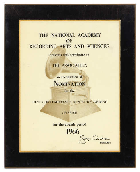 Original 1966 NARAS Grammy Award Nomination Plaque for The Association "Cherish"