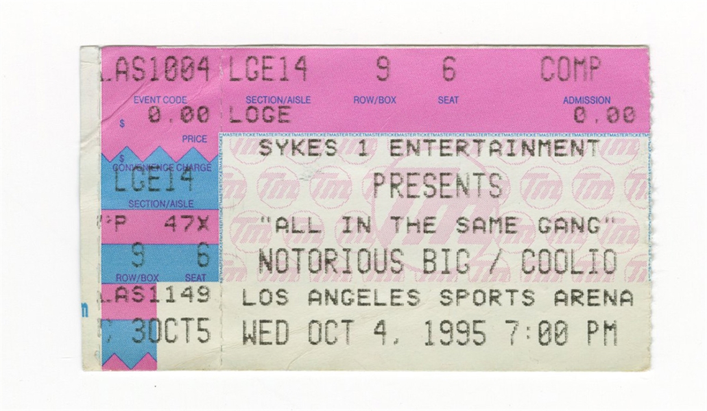 Notorious B.I.G. and Coolio Original 1995 L.A. Arena Original Concert Ticket