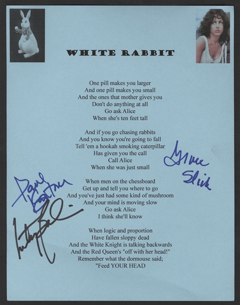 Jefferson Airplane Signed "White Rabbit" Lyrics Sheet