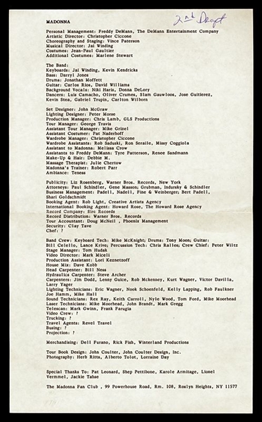 Madonna Hand-Annotated Concert Tour Personnel List