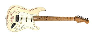 Ronnie Wood Owned, Played, Signed & Lyrics Inscribed Fender Stratocaster Guitar With Hand Drawn Self-Portrait