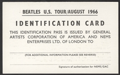 Beatles Original US Tour/August 1966 Official ID Card