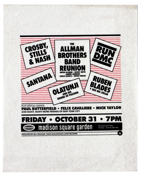 The Allman Brothers Band Reunion, Crosby Stills & Nash, Santana, and Run DMC Original MSG Concert Pellon