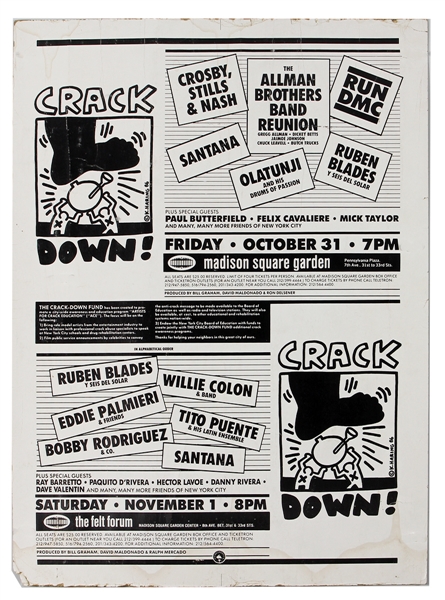 Rare Keith Haring Designed Santana/Run-DMC/Allman Brothers Original NYC Cardboard Concert Poster