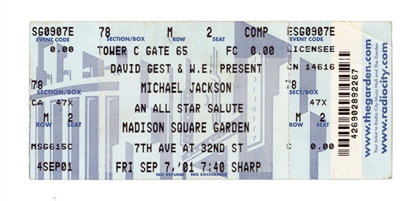 Michael Jackson 2001 All Star Salute Madison Square Garden Unused Guest Ticket