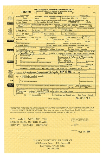 Tupac Shakur Original Certified Death Certificate