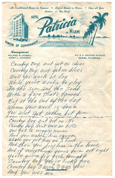 Johnny Cash 1957 Original Handwritten "Country Boy" Lyrics