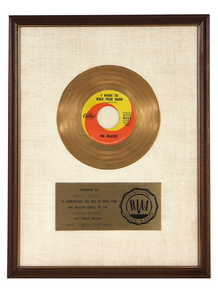 Beatles "I Want to Hold Your Hand" Original RIAA White Matte Single Record Award