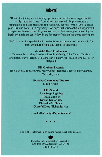 Original 1994 Grateful Dead Charity Concert Flyer