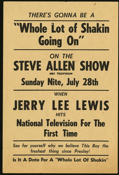 Jerry Lee Lewis Rare Original 1957 Steve Allen Show Handbill for First Television Performance