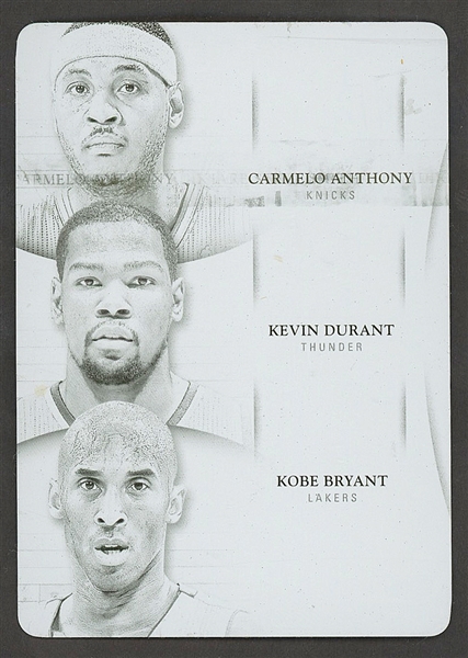 2014 National Treasures #30 2012-13 Immaculate Basketball Carmelo Anthony, Kevin Durant, and Kobe Bryant Black Printing Plate (#1/1)