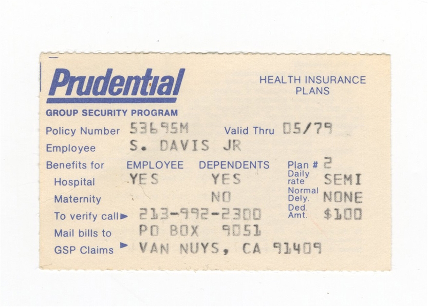 Sammy Davis Jr. Original Health Insurance Card