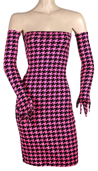 Lady Gaga Owned and Worn Pink and Black Herringbone Dress and Gloves