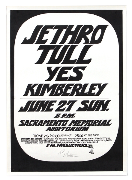 Jethro Tull/Yes Original 1972 Concert Poster Signed by Randy Tuten