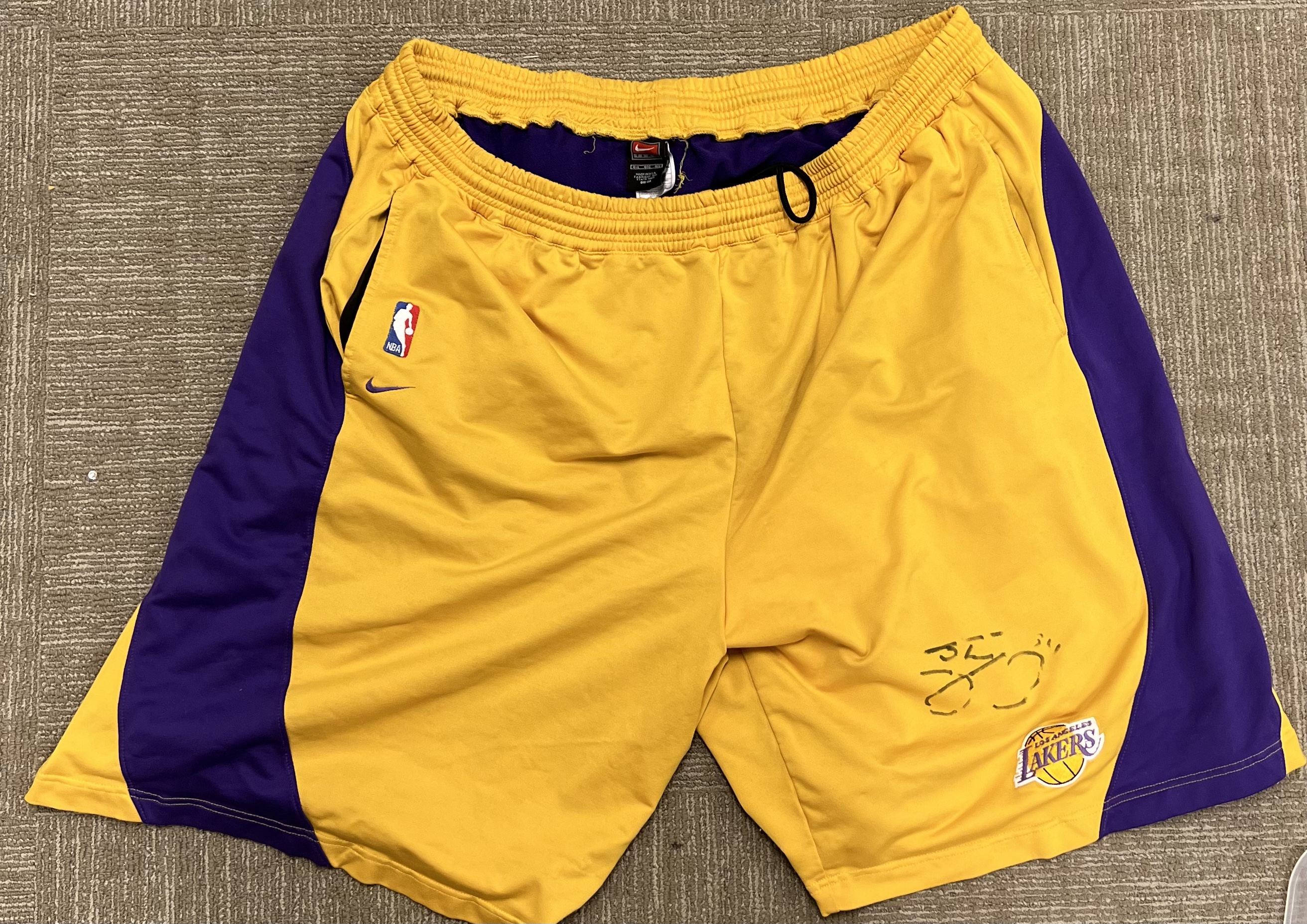 Lot Detail Shaq Signed Practice Worn Lakers Shorts Size 4XL