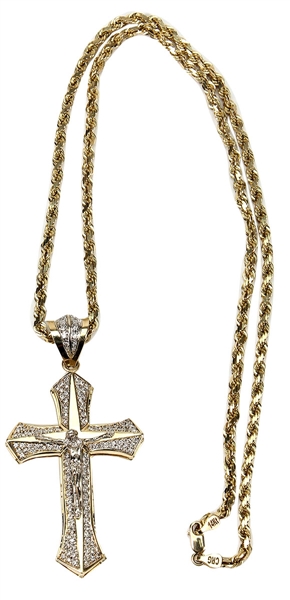 Elvis Presley Owned & Worn Large 14kt Gold and Diamond Cross Pendant Necklace