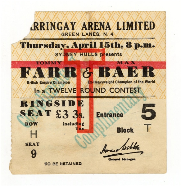 Tommy Farr vs Max Baer Heavyweight Champion Fight Ringside Ticket (April 15, 1937)