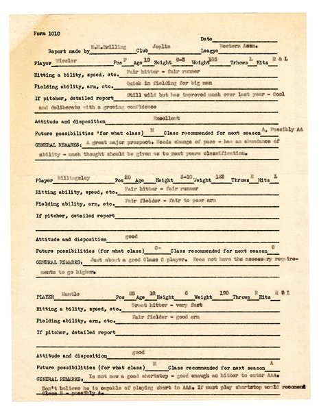 Mickey Mantle 1950 Joplin Miners Scouting Report