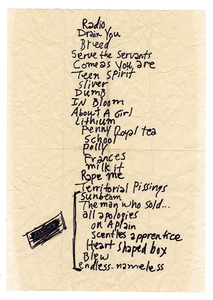 Kurt Cobain Handwritten and Stage Used Nirvana "In Utero Tour" Concert Setlist 12/10/1993 (26 Songs!) JSA