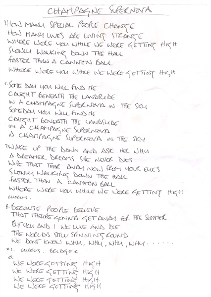 Oasis Noel Gallagher "Champagne Supernova" Handwritten Lyrics
