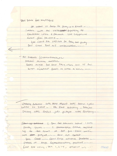 Eddie Vedder of Pearl Jam Handwritten Hall Of Fame Speech