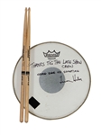 The Band's Levon Helm Late Show With David Letterman Stage Used & Signed Drumhead and Stage Used Drumsticks