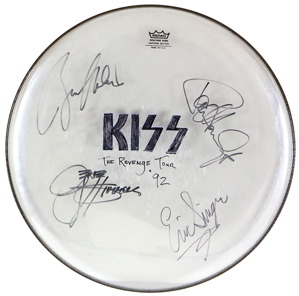 KISS Revenge Tour 1992 Concert Used 18" Drumhead Signed Gene Simmons Paul Stanley Bruce Kulick Eric Singer with Logo Drawn By Paul Stanley