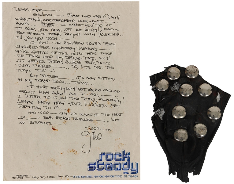 KISS Gene Simmons (Gino) 1975 Handwritten Letter to Girlfriend with Dressed To Kill Tour Costume Piece Swatch Section Mentioned in Letter