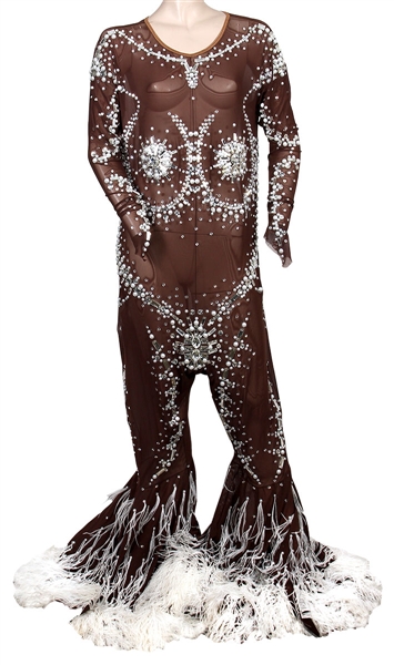 Lizzo 2018 New Year’s Eve Stage Worn Custom Jeweled and Feathered Catsuit