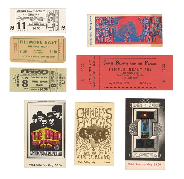 Lot of 8 1960s Concert Tickets (The Band, James Brown, and The Mamas and the Papas)