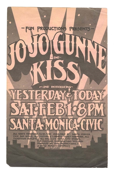 KISS Hotter Than Hell Tour Concert Handbill Flyer February 1, 1975 Santa Monica, California