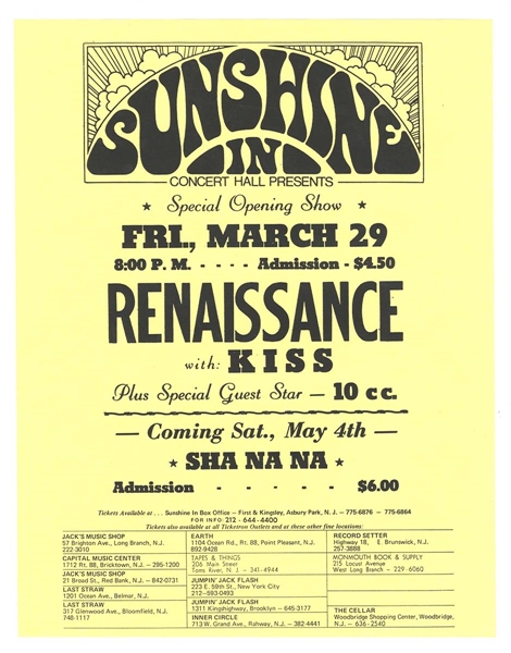 KISS Debut Album 1st Tour Concert Handbill Flyer March 29, 1974 Sunshine In, Asbury Park, New Jersey -- formerly owned by Ace Frehley