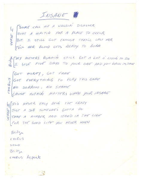 KISS Ace Frehley Solo 1988 Frehleys Comet Second Sighting Album Song “Insane” Handwritten Lyrics by Ace 2 Pages -- formerly owned Ace Frehley